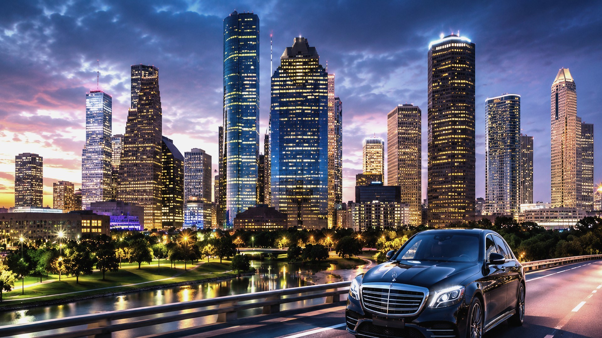 Houston corporate skyline and executive transportation