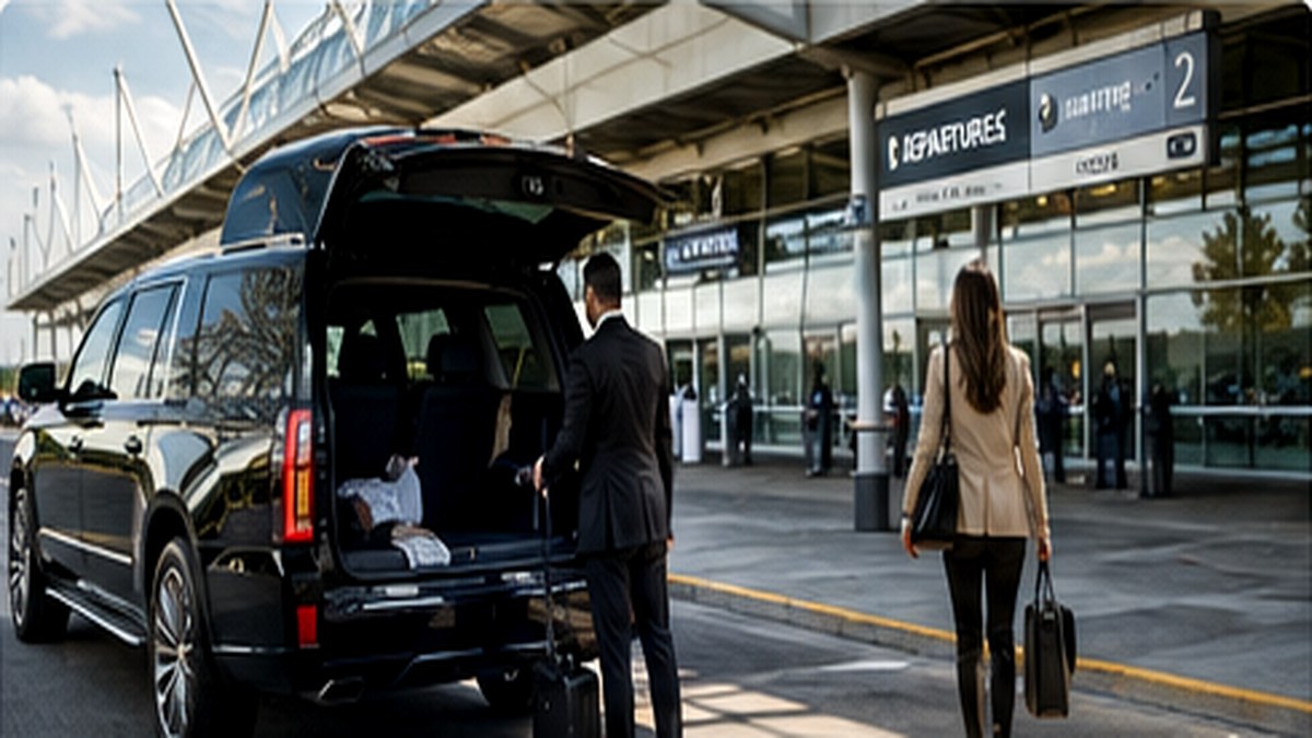 Luxury SUV and professional chauffeur at airport terminal