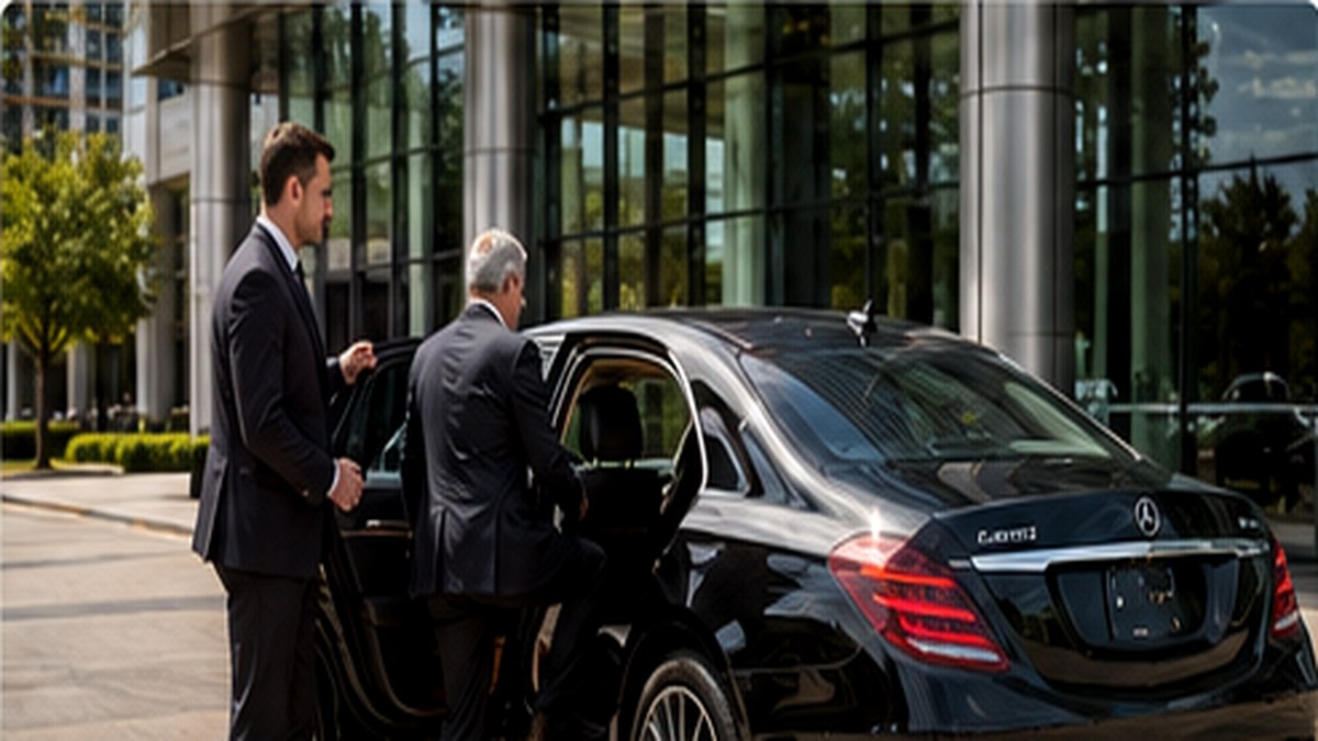 Business executives entering luxury sedan outside corporate office