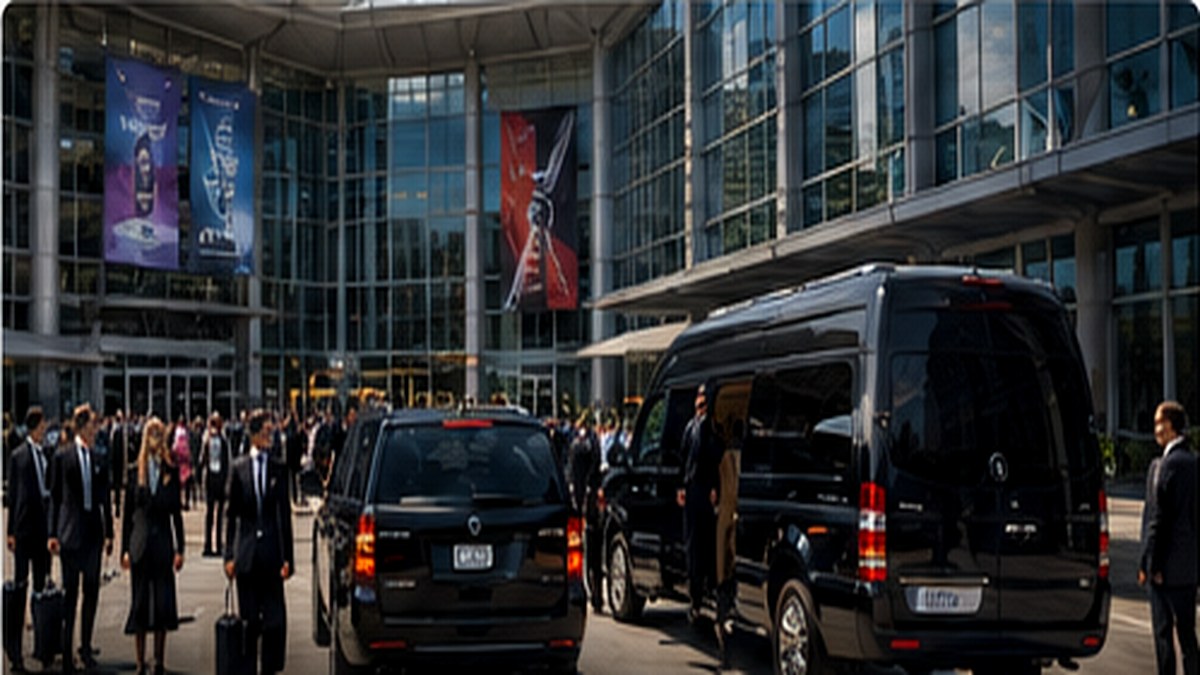 Convention center with professional chauffeurs, attendees and luxury vans
