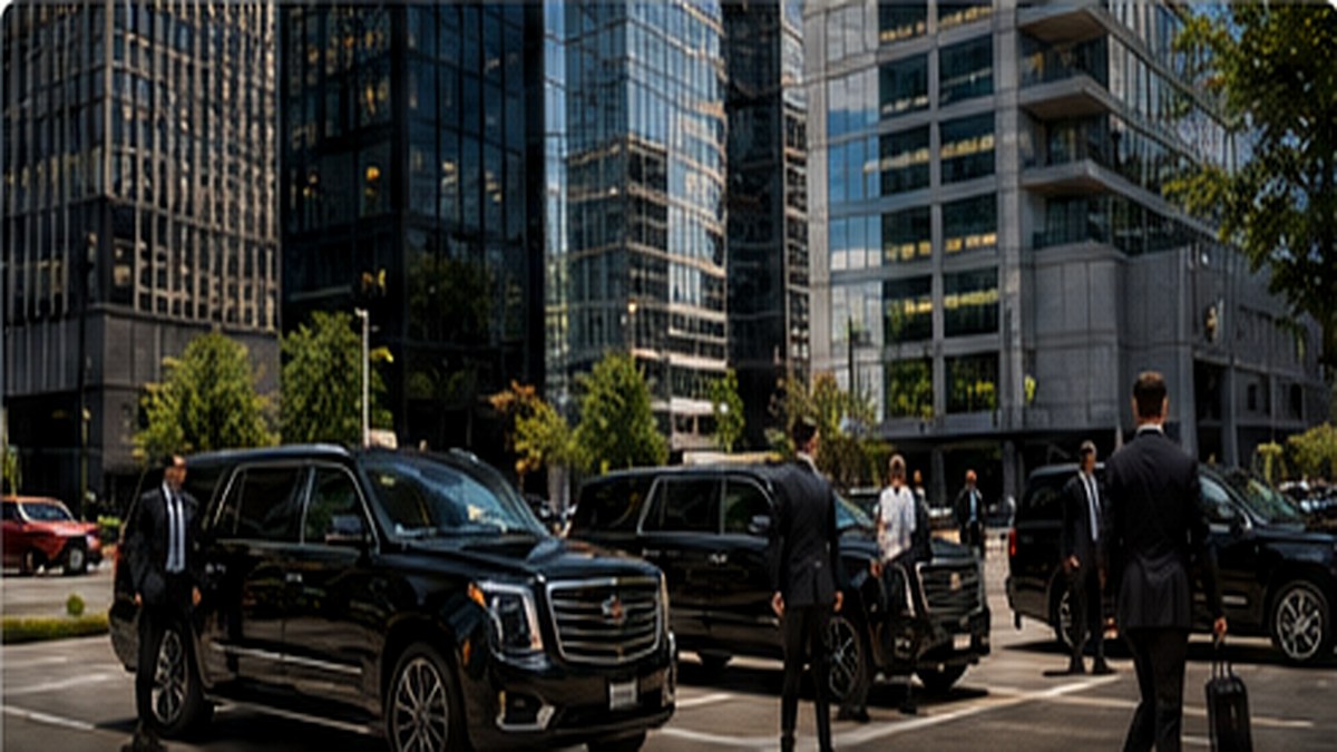 Luxury SUVs arriving at corporate buildings for executive roadshow