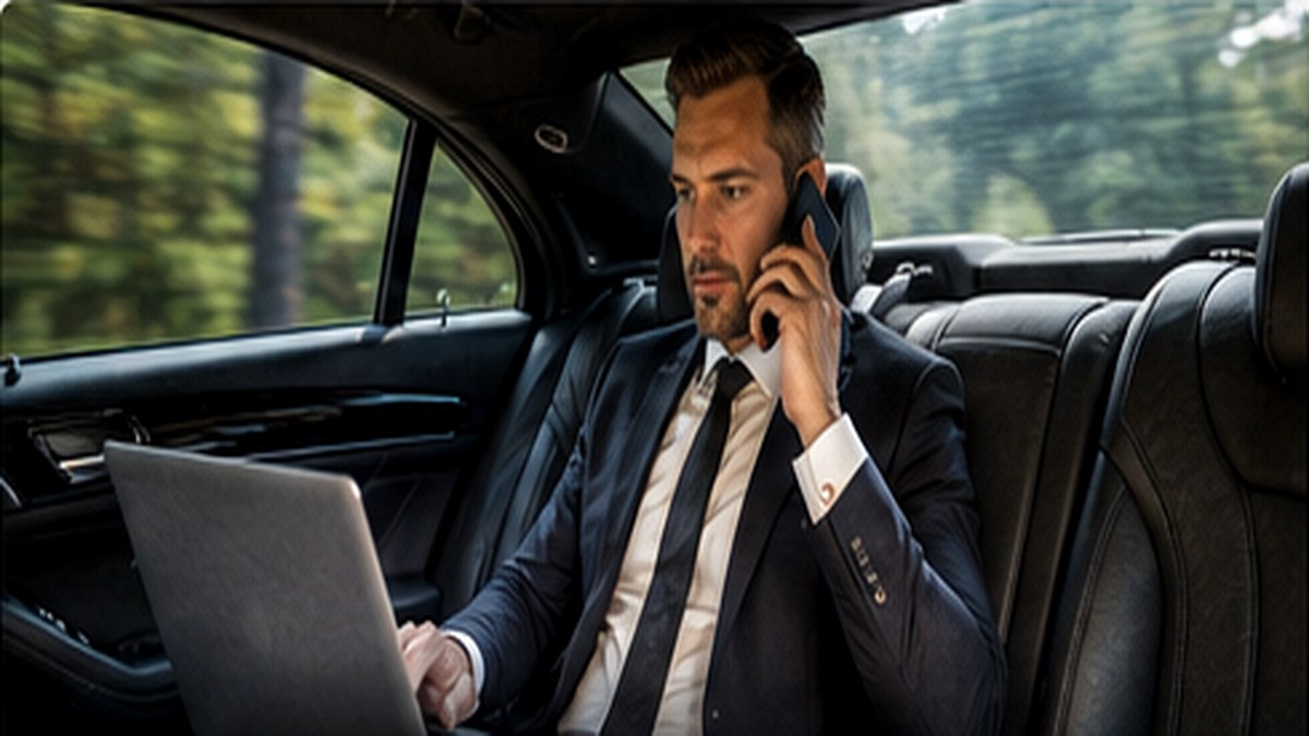 Executive working inside luxury car during chauffeur service