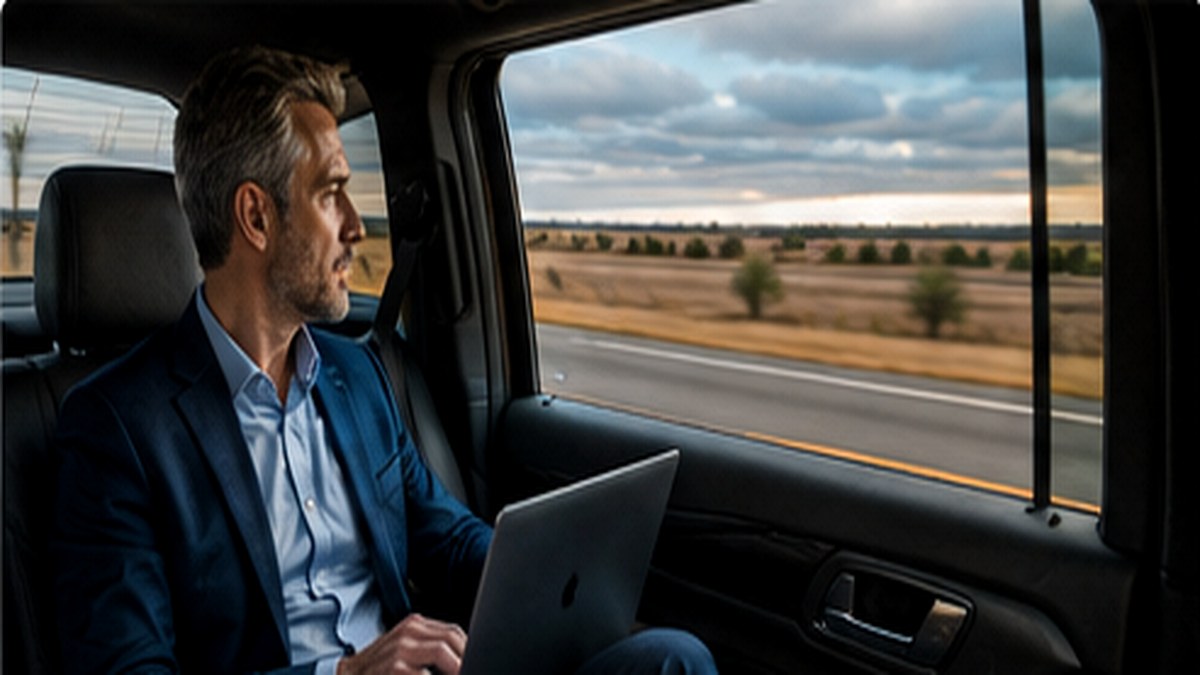 Executive working inside luxury SUV during long distance travel