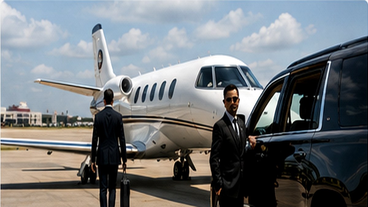 Private jet, executive traveler, chauffeur and luxury SUV at FBO