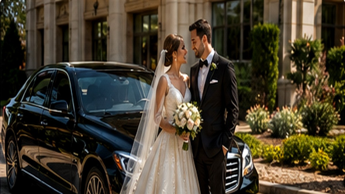 Bride and groom near luxury black vehicle at wedding venue